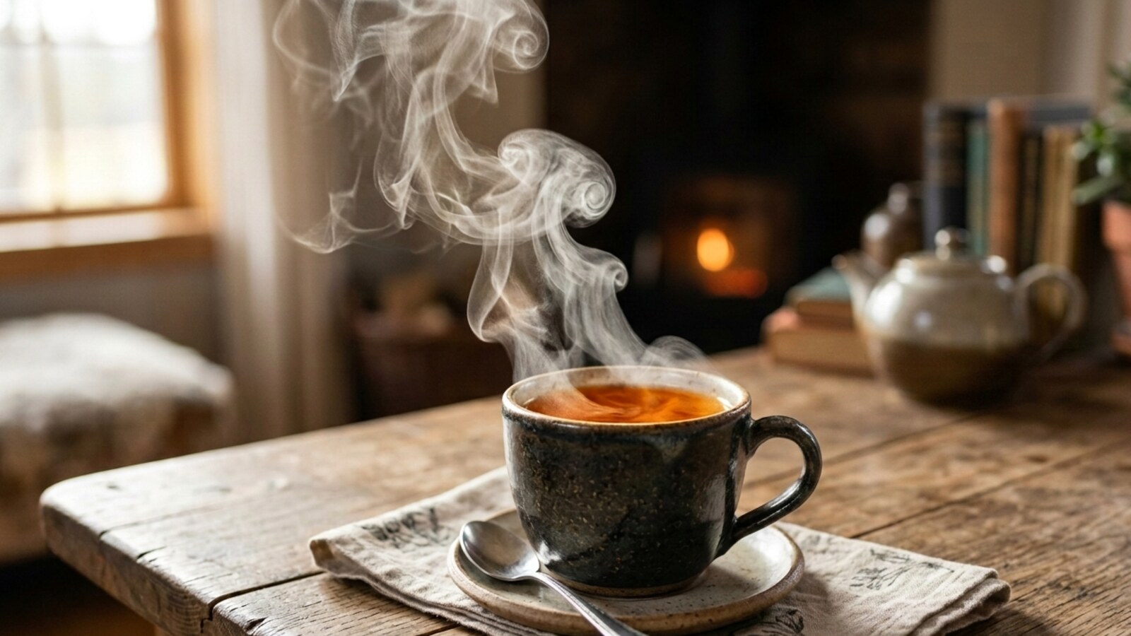 Steaming cup of chai on a wooden table