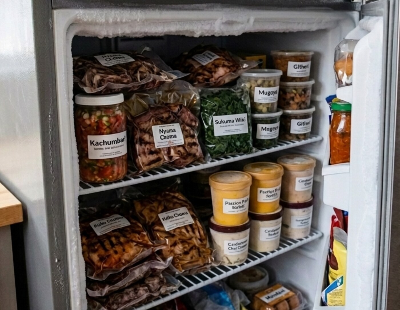Small fridge batch with sealed food packs and containers