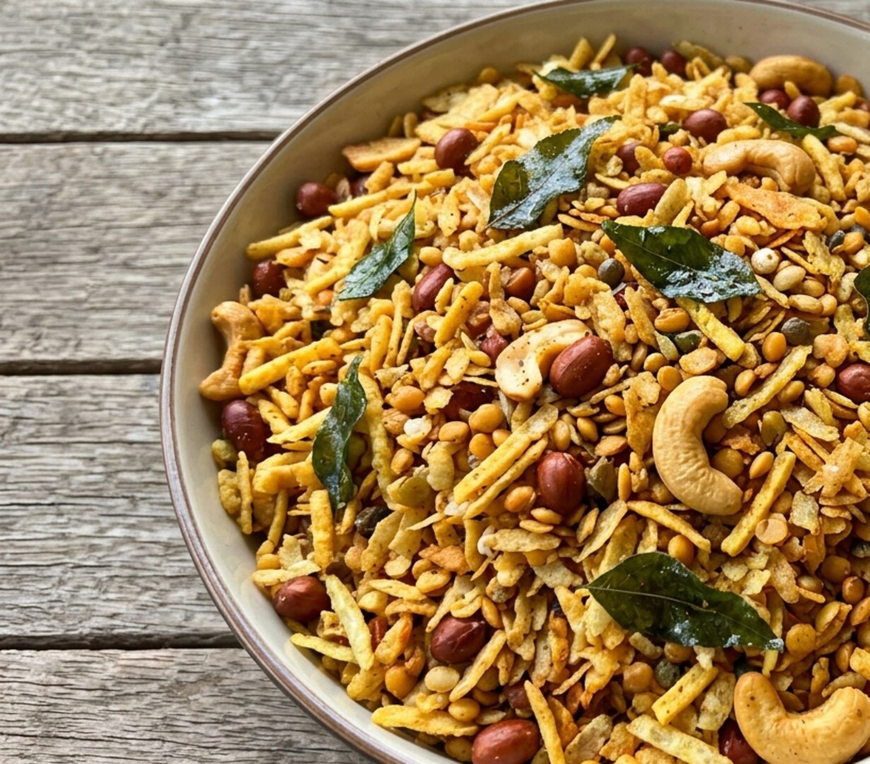 Savory snack mix with peanuts, cashews, and curry leaves