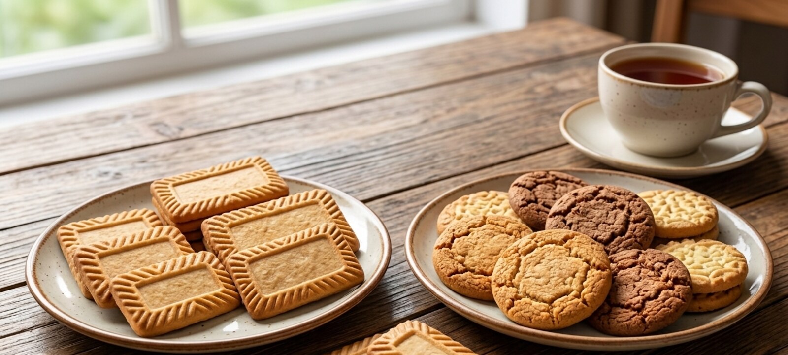 Tea biscuits and cookies on a wooden table